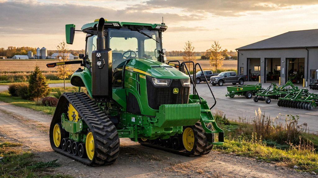 Clean John Deere 8RT 410 two-track tractor parked for resale - Vehicle Review Hub
