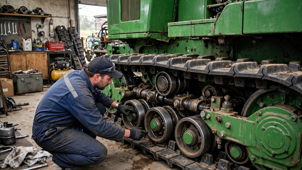Mechanic inspecting the track undercarriage of a John Deere 8RT tractor - Vehicle Review Hub