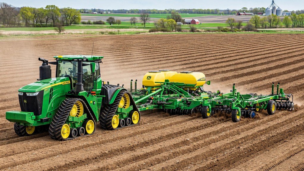 John Deere 8RT 410 tracked tractor pulling a large planter in a field - Vehicle Review Hub