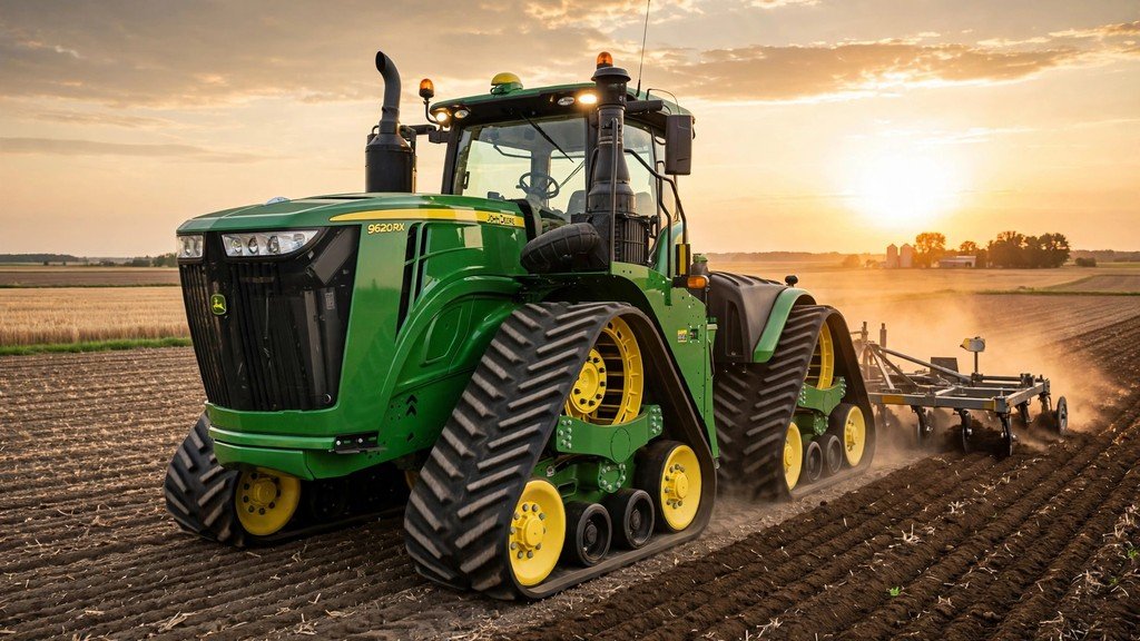 John Deere tracked tractor working a field at sunset - Vehicle Review Hub