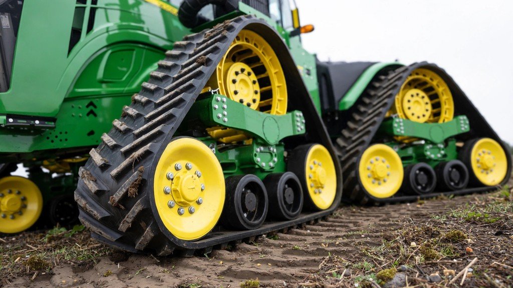 Wide rubber track and undercarriage rollers on a John Deere tracked tractor - Vehicle Review Hub