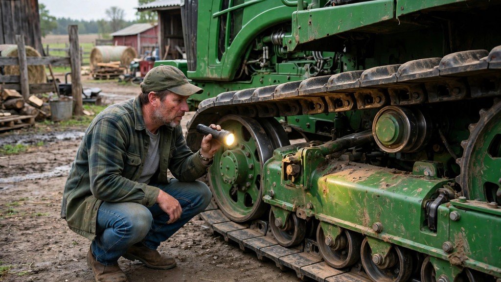 Buyer inspecting a used John Deere 8RT 410 track undercarriage in a farmyard - Vehicle Review Hub