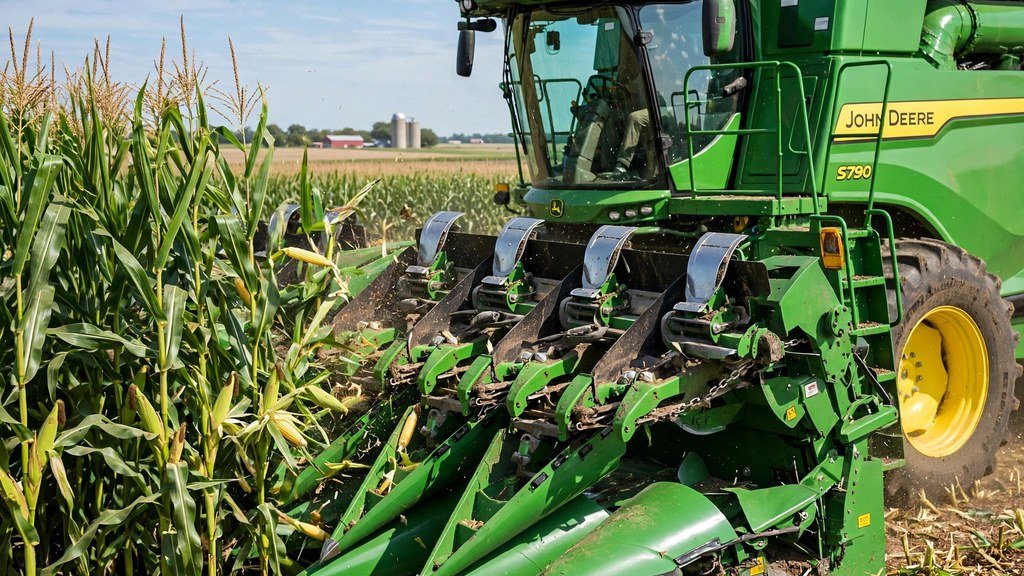 John Deere combine with corn head harvesting corn - Vehicle Review Hub