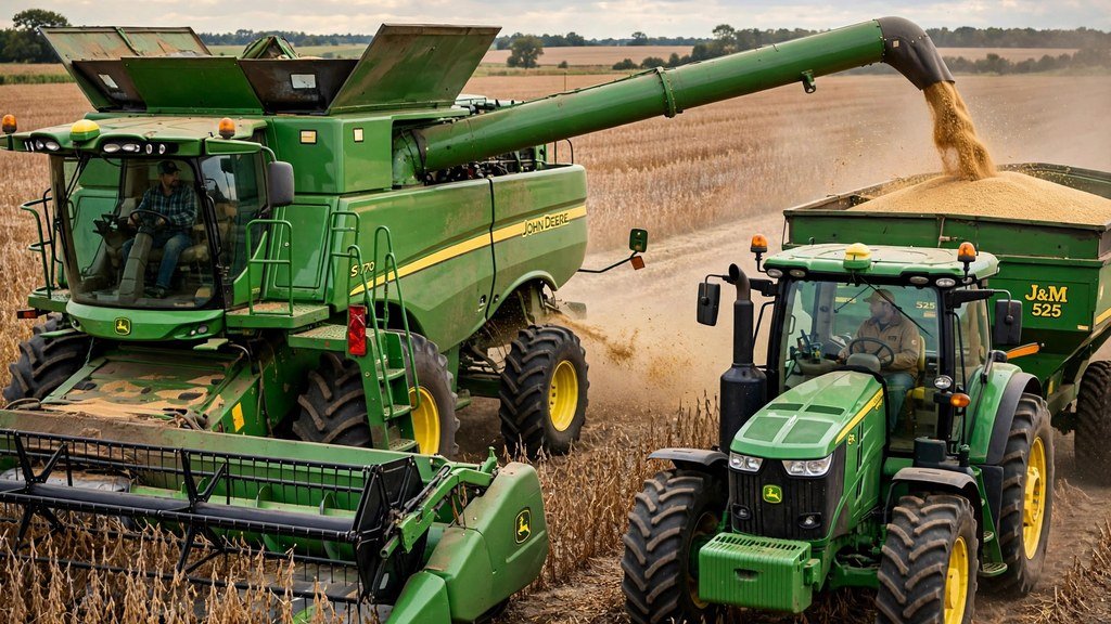 John Deere combine unloading grain into a grain cart - Vehicle Review Hub