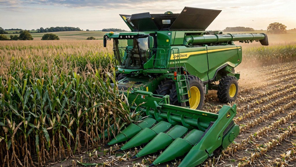 John Deere 9560 combine with corn head in the field - Vehicle Review Hub