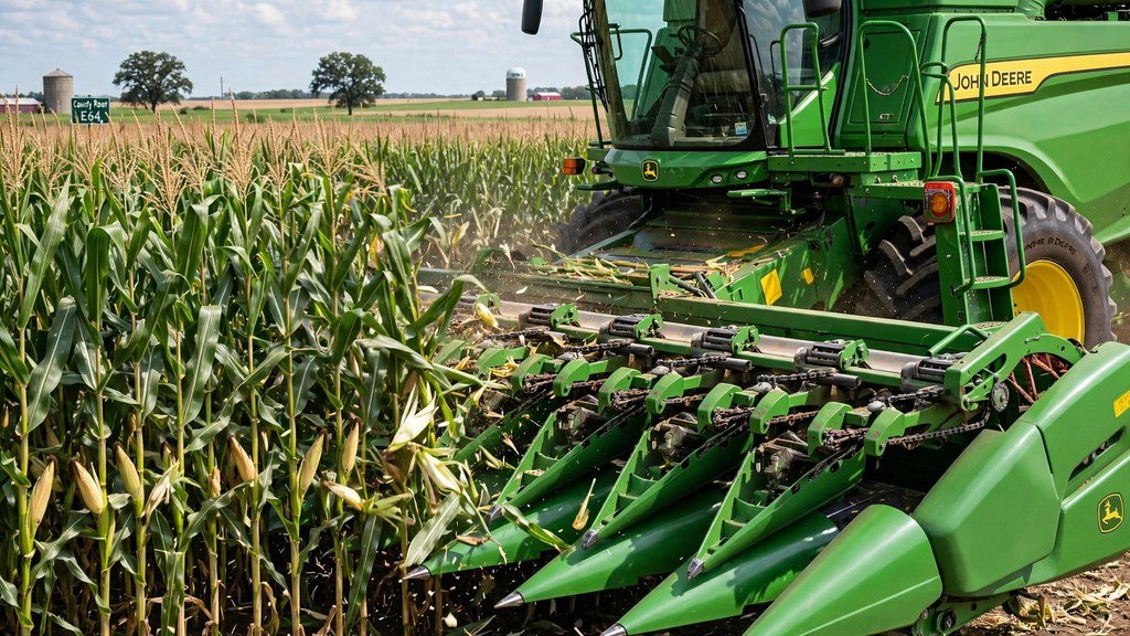 John Deere combine harvesting corn with a multi-row corn head - Vehicle Review Hub
