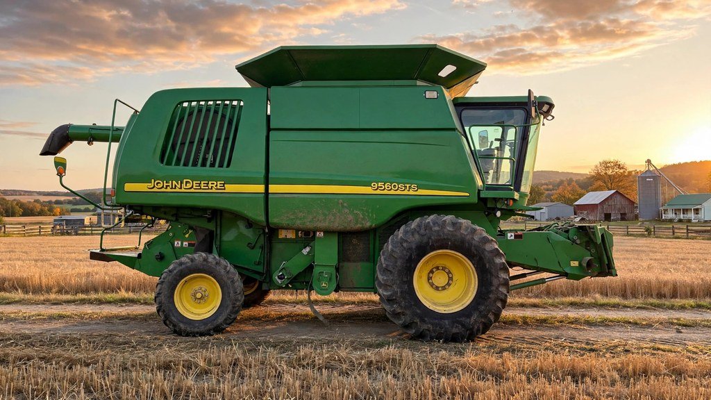 John Deere 9560 STS combine side view showing engine deck and grain tank - Vehicle Review Hub