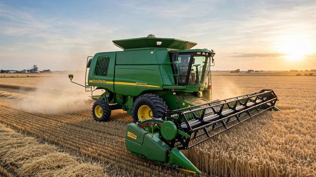 John Deere 9560 STS combine harvesting wheat with a flex platform - Vehicle Review Hub