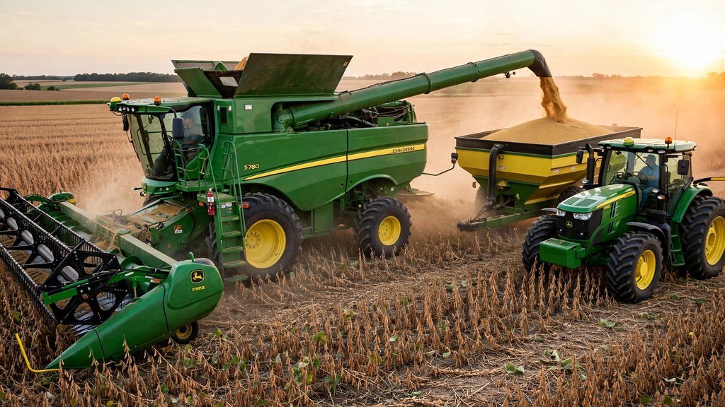 John Deere combine unloading grain on the go into a grain cart - Vehicle Review Hub