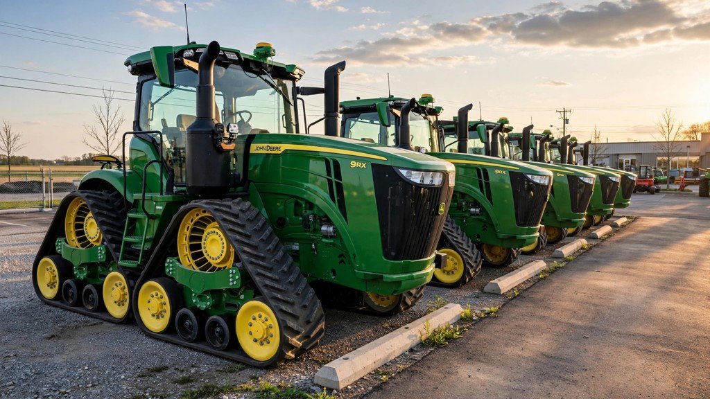 John Deere 9570RX ownership cost: four-track tractors on a dealership sales lot showing resale value - Vehicle Review Hub