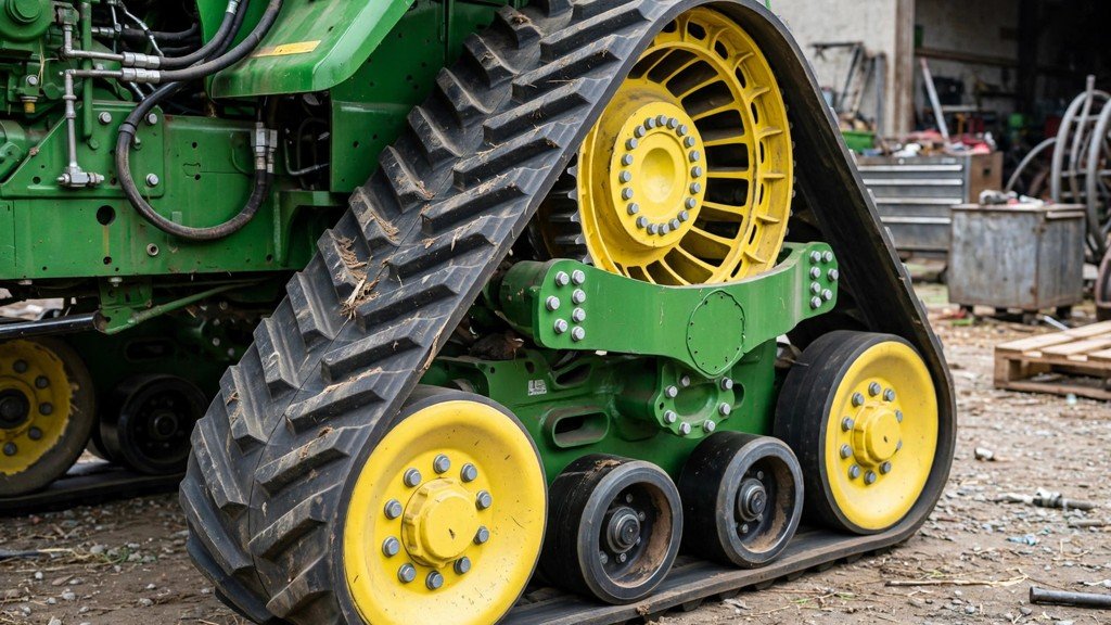 John Deere 9570RX ownership cost FAQ: close-up of a four-track tractor undercarriage and track belt - Vehicle Review Hub