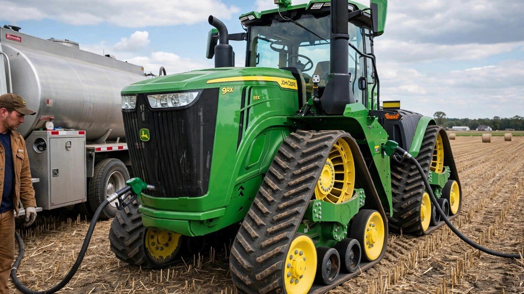 John Deere 9570RX ownership cost: four-track tractor being refueled from a diesel truck in a field - Vehicle Review Hub