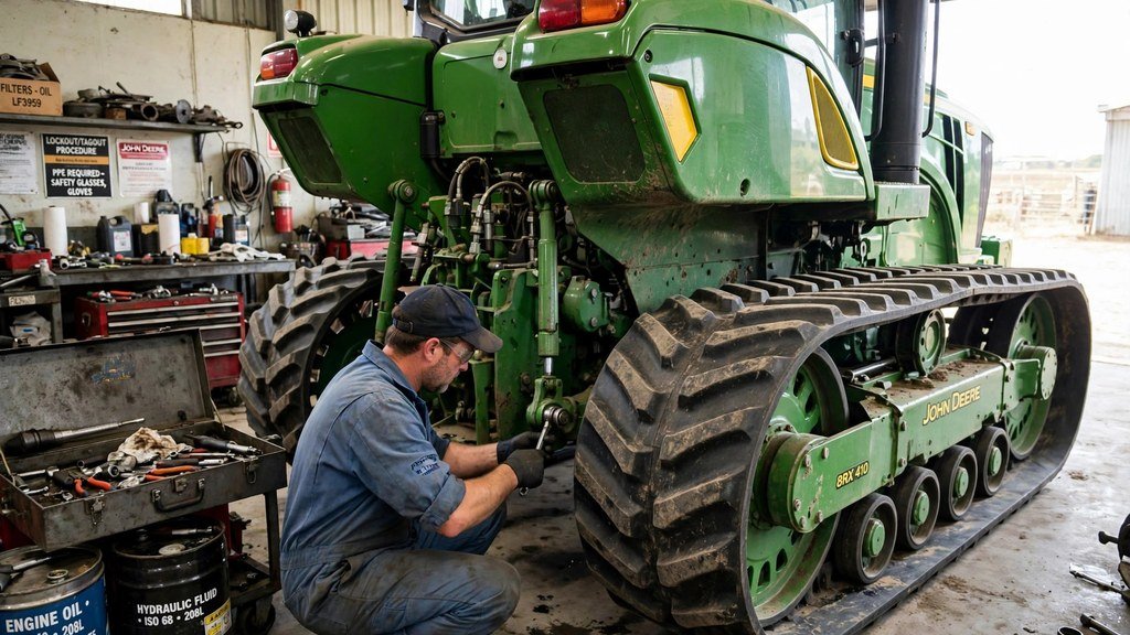 John Deere 9570RX maintenance service in a farm workshop - Vehicle Review Hub
