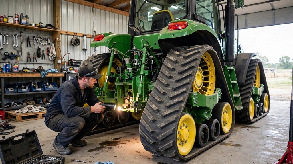 John Deere 9570RX ownership cost: mechanic inspecting the track undercarriage of a four-track tractor before purchase - Vehicle Review Hub