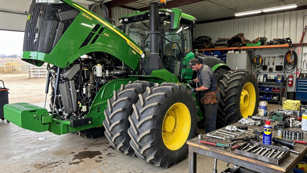John Deere 9630 tractor being serviced in a workshop - Vehicle Review Hub