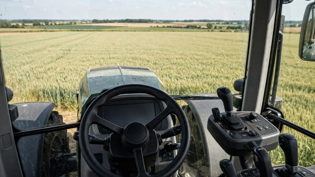 Inside the cab of a large John Deere tractor with powershift controls - Vehicle Review Hub