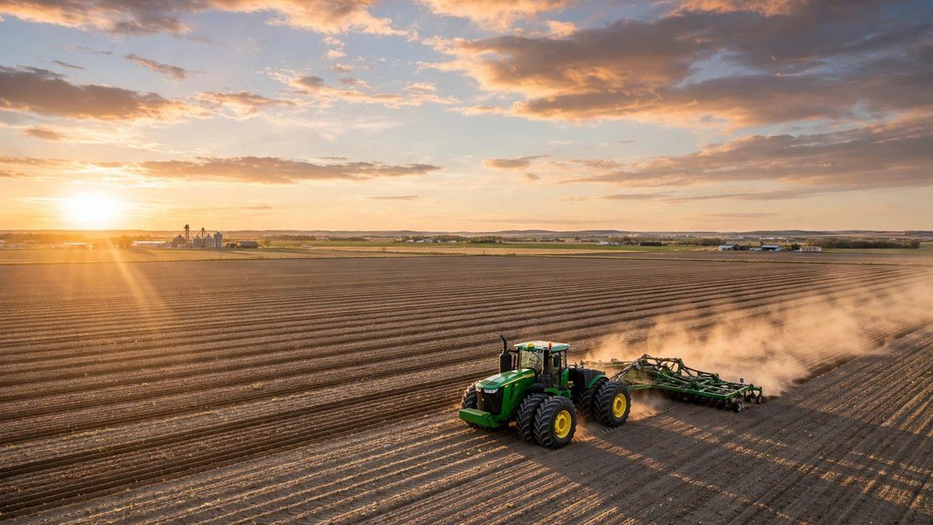 John Deere 9630 articulated tractor working a large field at golden hour - Vehicle Review Hub
