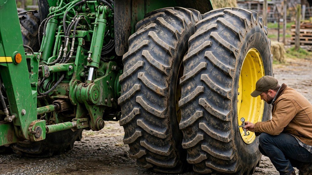 Inspecting the dual tires and articulation joint of a used John Deere 9630 - Vehicle Review Hub