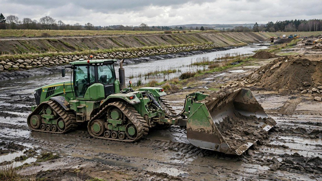 John Deere two-track scraper tractor pulling a scraper on soft muddy levee ground - Vehicle Review Hub
