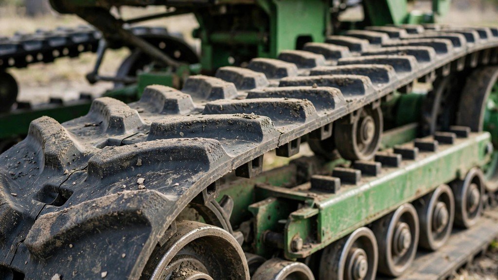 John Deere 9RX 590 ownership cost FAQ: close-up of a four-track tractor undercarriage and track belt - Vehicle Review Hub