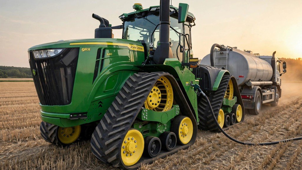 John Deere 9RX 590 ownership cost: four-track tractor being refueled from a diesel truck in a field - Vehicle Review Hub