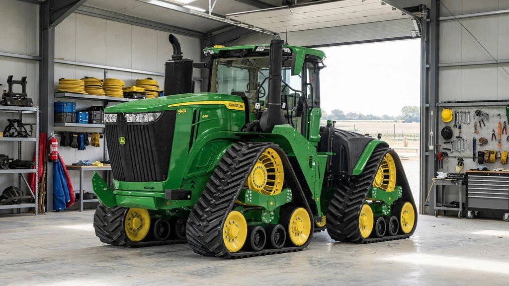 John Deere 9RX 590 ownership cost: four-track tractor parked inside a secure equipment shed - Vehicle Review Hub