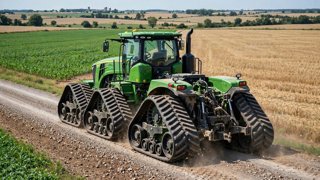 John Deere 9RX 590 performance four-track setup on a farm road - Vehicle Review Hub