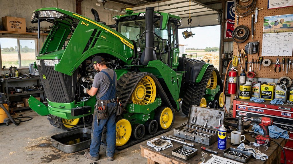 John Deere 9RX 590 maintenance service in a farm workshop - Vehicle Review Hub