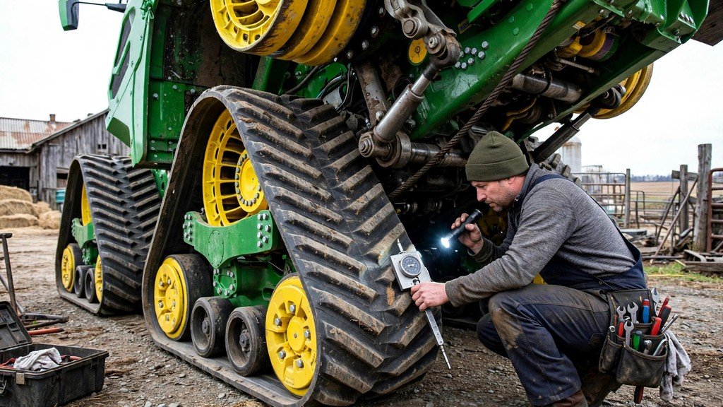 John Deere 9RX 590 ownership cost: mechanic inspecting the track undercarriage of a four-track tractor before purchase - Vehicle Review Hub