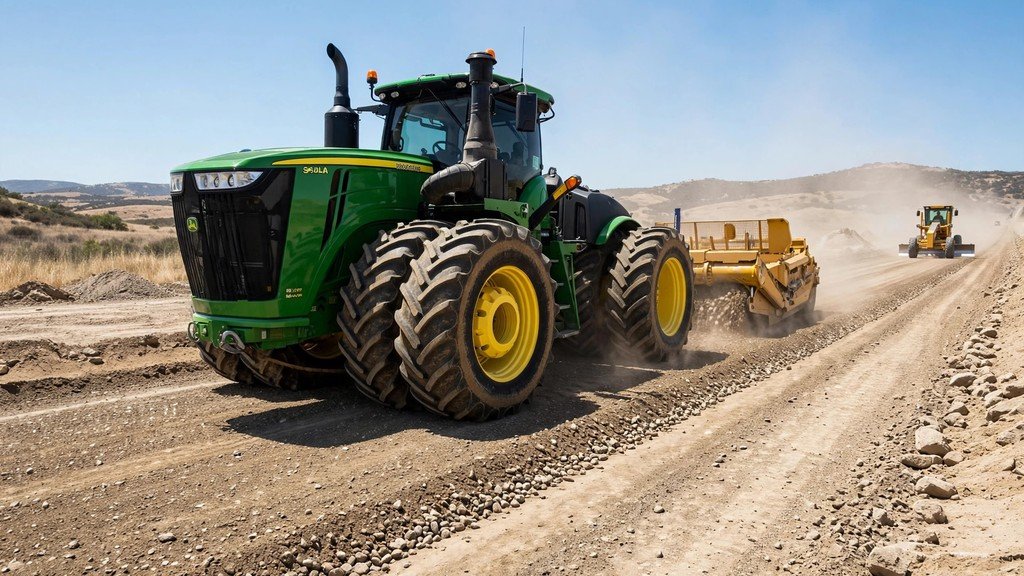 John Deere wheeled scraper tractor spreading material with a carry-all scraper on a haul road - Vehicle Review Hub