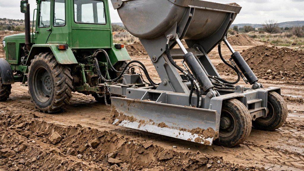 Ejector scraper bowl with cutting edge and hydraulic cylinders hitched to a tractor - Vehicle Review Hub