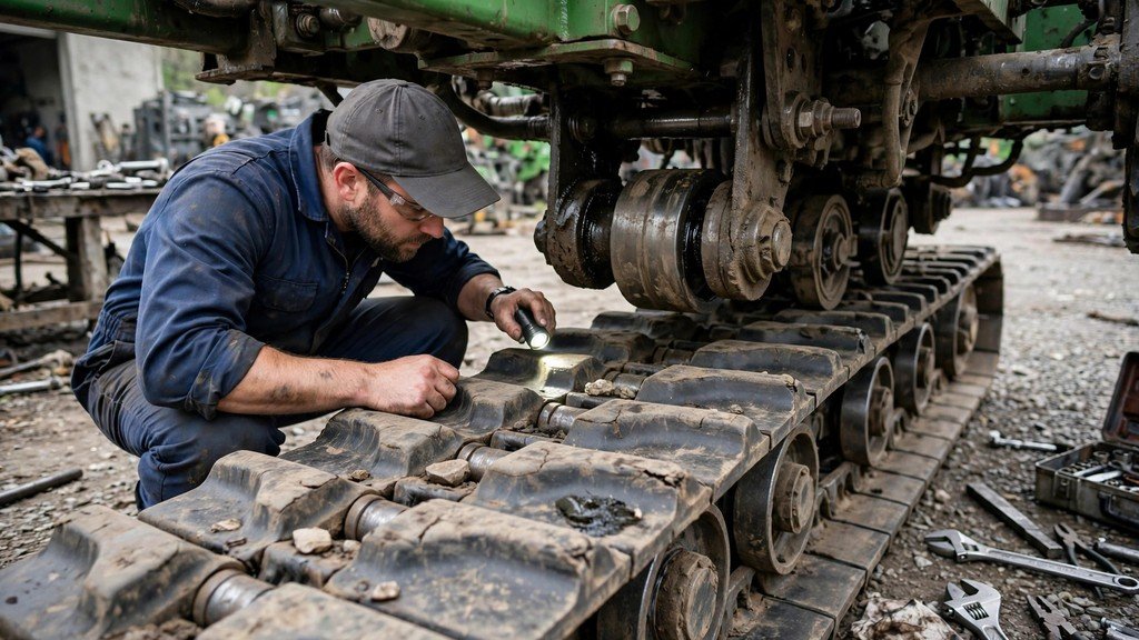 Mechanic inspecting the track undercarriage of a tracked tractor – Vehicle Review Hub