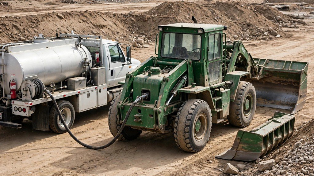 Fuel truck refueling a scraper tractor on a jobsite – Vehicle Review Hub