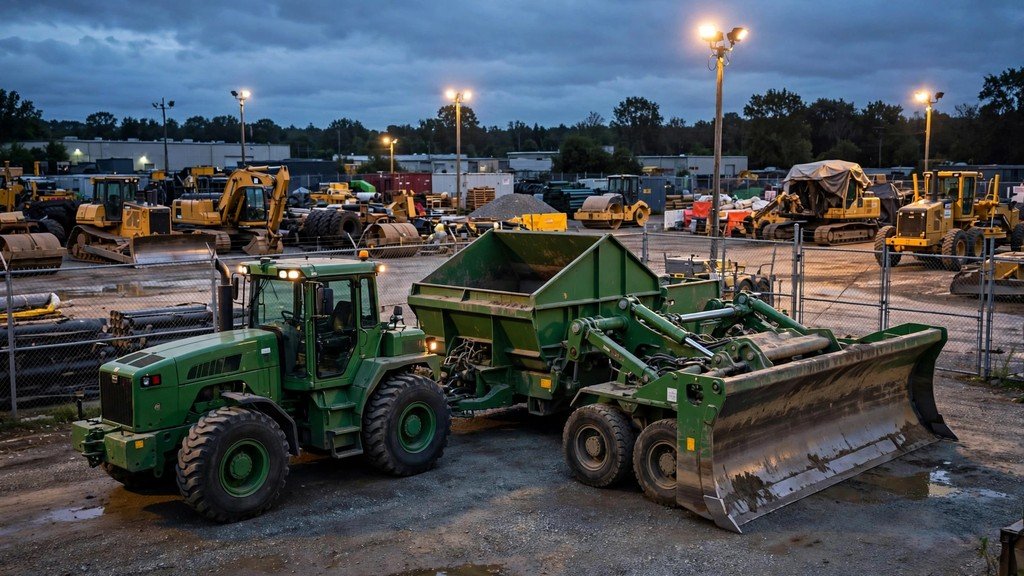 Scraper tractor and scraper parked in a secured contractor yard – Vehicle Review Hub