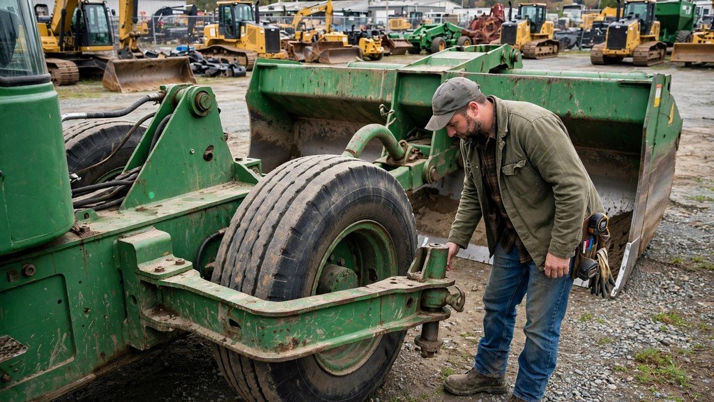 Buyer inspecting a used scraper tractor on a dealer lot – Vehicle Review Hub