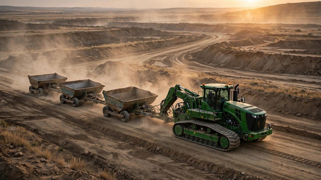 John Deere tracked scraper tractor pulling three scraper pans in tandem on an earthmoving site - Vehicle Review Hub