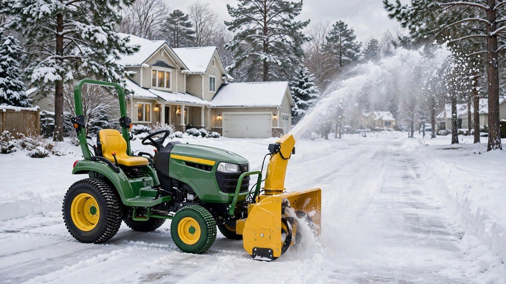 John Deere X700 Signature Series garden tractor with front snow blower clearing a driveway - Vehicle Review Hub