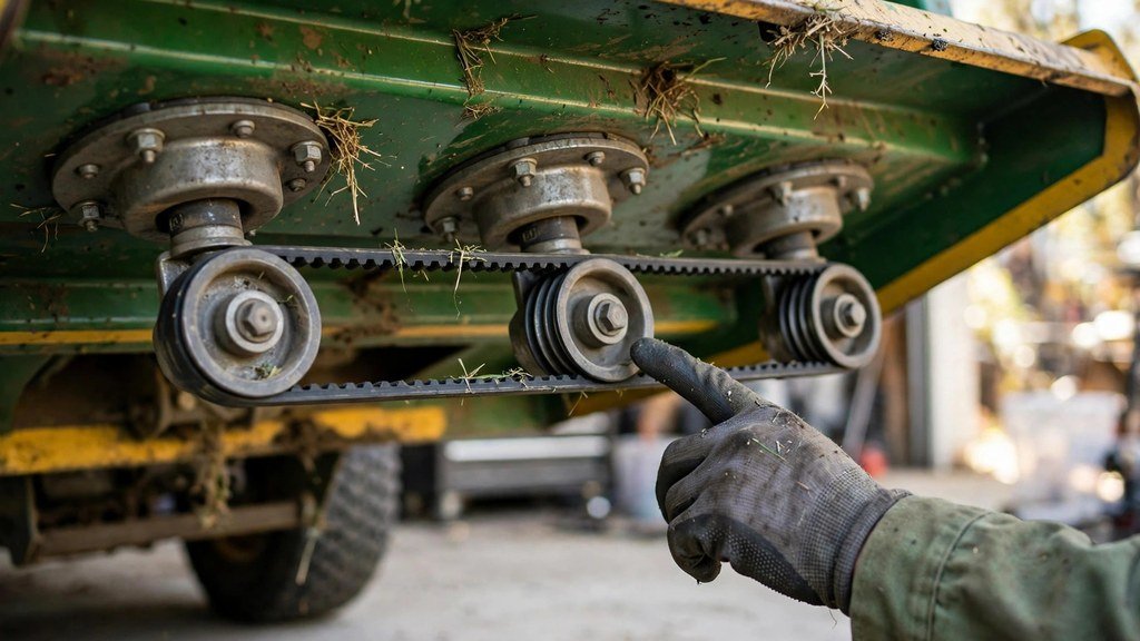 Inspecting the mower deck belt, pulleys and spindles on a John Deere X700 Signature Series tractor - Vehicle Review Hub