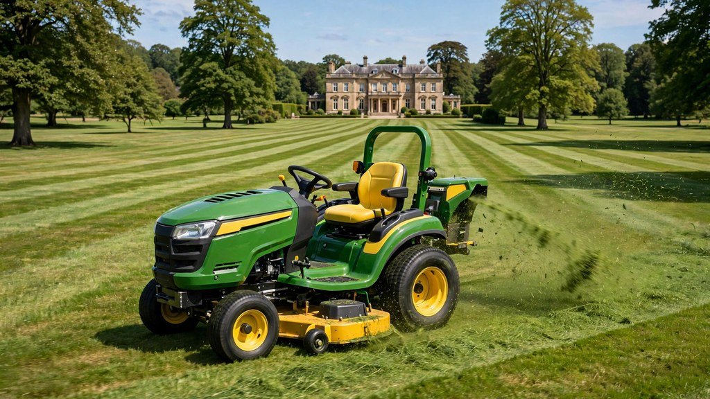 John Deere X700 Signature Series garden tractor mowing a large estate lawn - Vehicle Review Hub