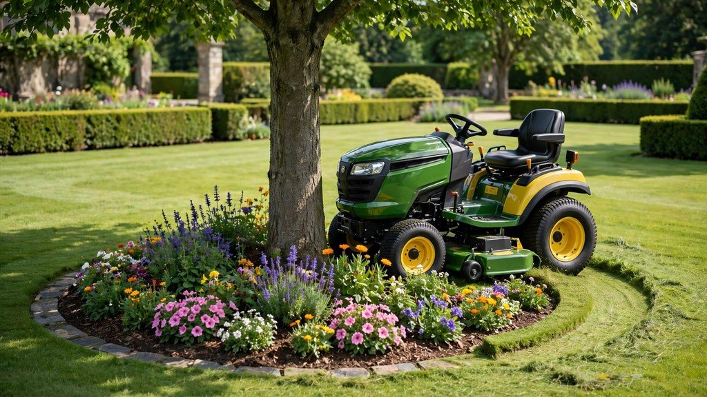 John Deere X700 Signature Series tractor trimming closely around a tree and flower bed - Vehicle Review Hub