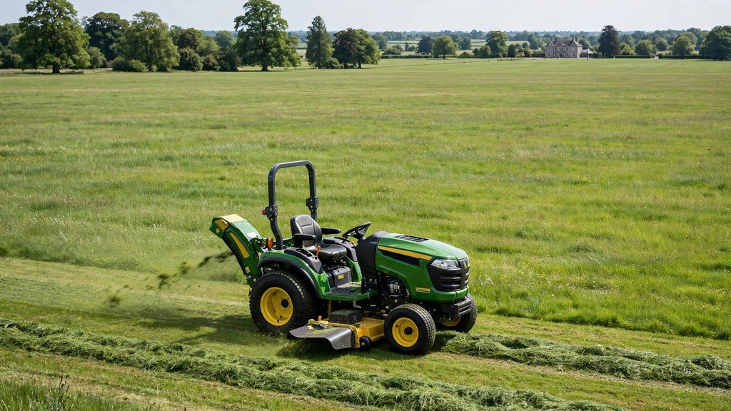 John Deere X700 Signature Series tractor mowing a large open estate lawn - Vehicle Review Hub
