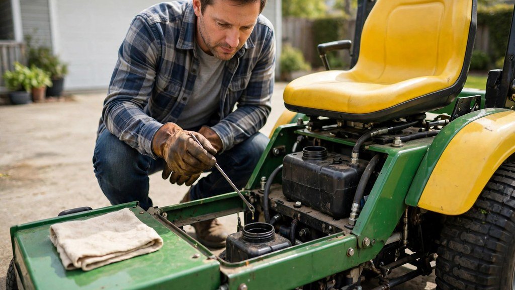 Checking the hydraulic fluid under the seat of a John Deere X700 Signature Series tractor - Vehicle Review Hub