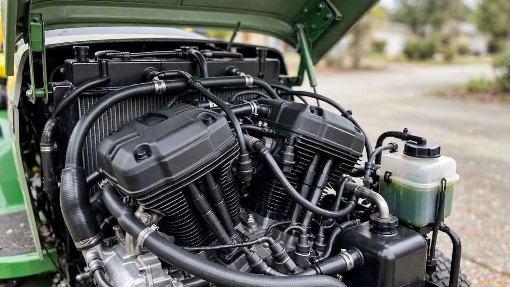 John Deere X700 Signature Series liquid-cooled engine under the open hood - Vehicle Review Hub