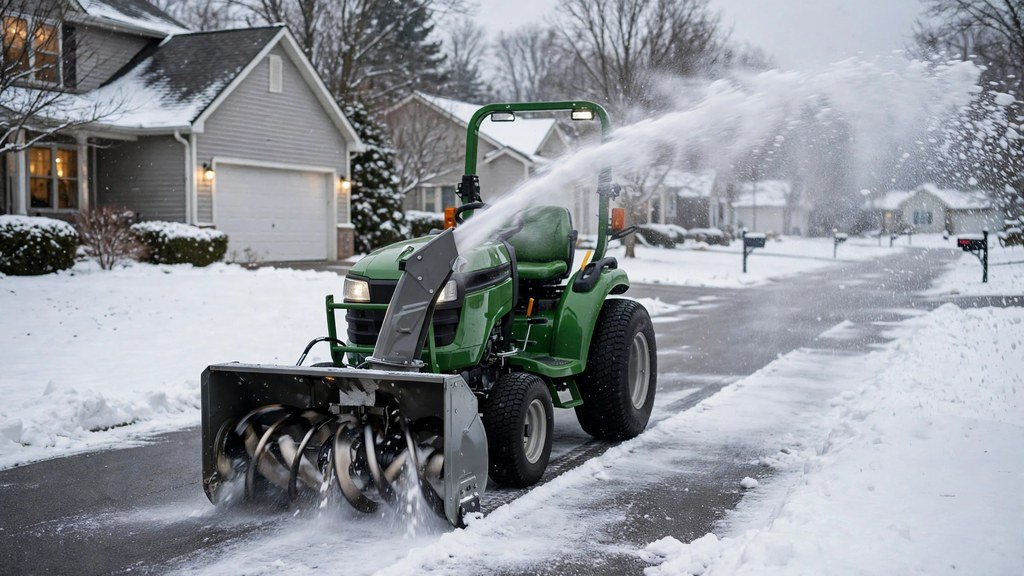 John Deere X700 Signature Series garden tractor with a front snow blower clearing a driveway - Vehicle Review Hub