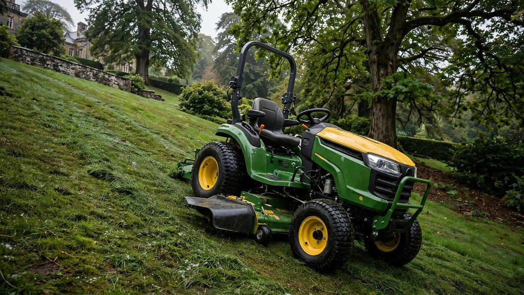 John Deere X700 Signature Series tractor mowing a wet grass slope - Vehicle Review Hub