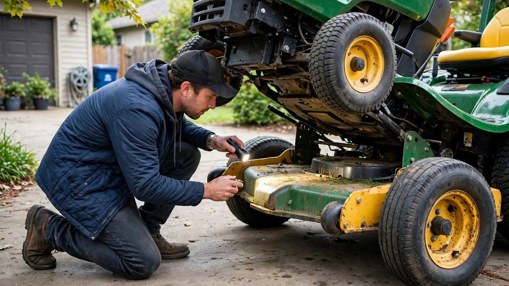 Buyer inspecting a used John Deere X700 Signature Series garden tractor deck and tires - Vehicle Review Hub
