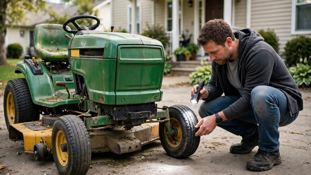 Buyer inspecting the tires and deck of a used John Deere X700 Signature Series tractor - Vehicle Review Hub