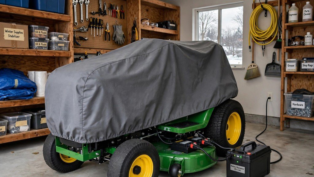 John Deere X700 Signature Series garden tractor stored in a garage for winter - Vehicle Review Hub