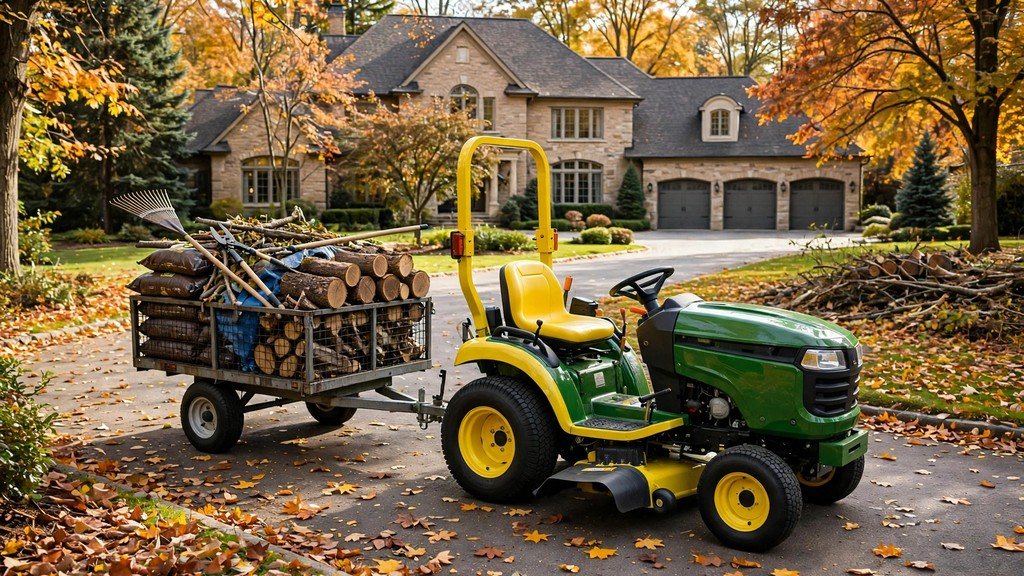John Deere X700 Signature Series tractor hauling a loaded cart on an estate driveway - Vehicle Review Hub