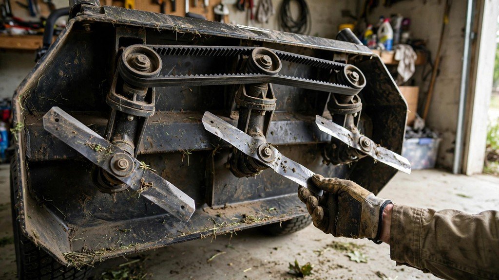 John Deere Z355E mower deck underside blades and belt inspection - Vehicle Review Hub